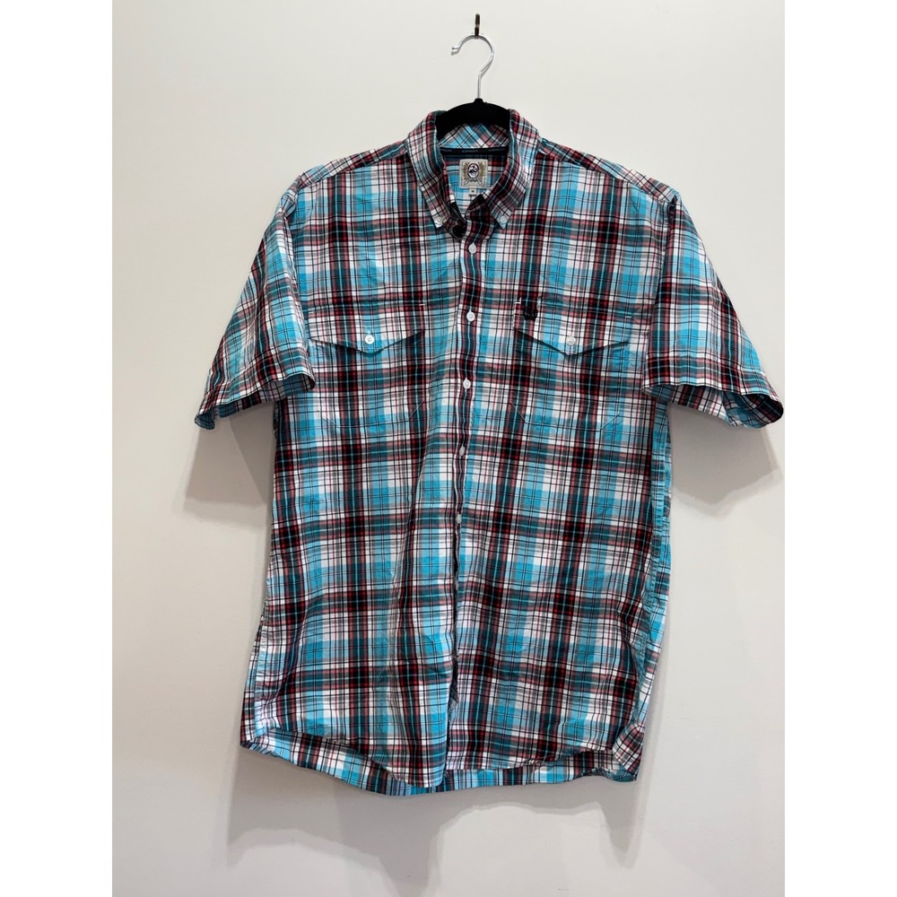 Cinch Mens Short Sleeve Button Down Plaid Western Shirt Turquoise Red White M
